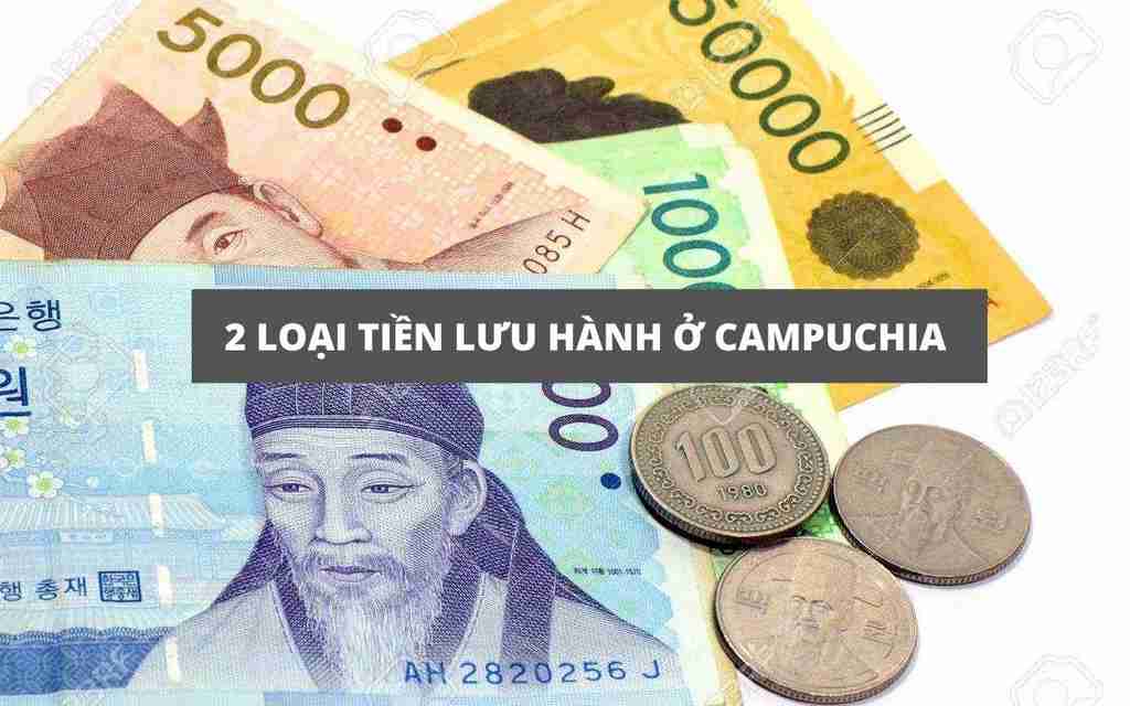 Hình ảnh tiền Campuchia được lưu hành dưới dạng giấy và đồng xu