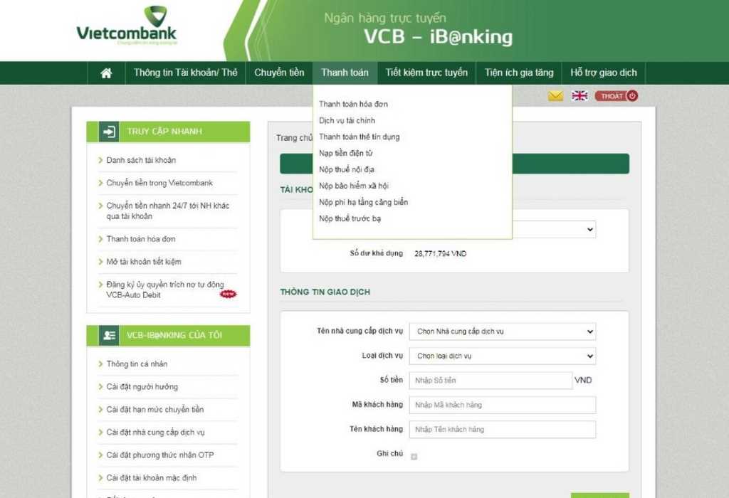 Điền thông tin khi chuyển tiền Vietcombank.