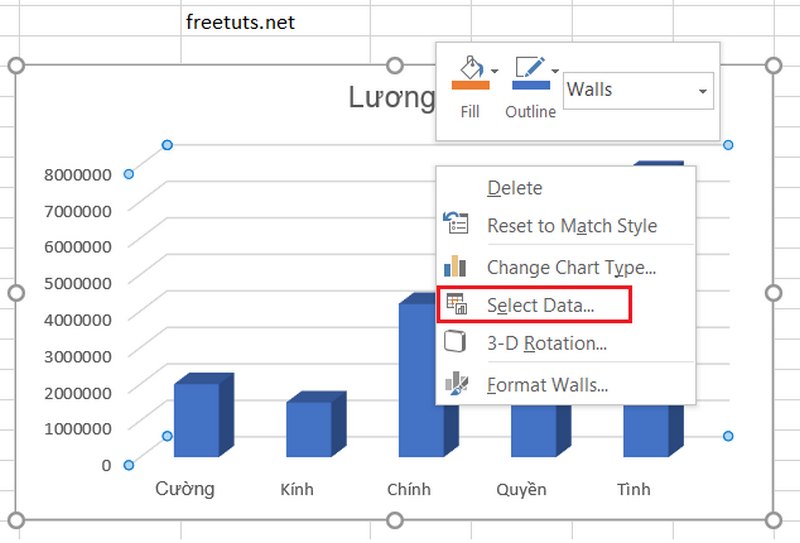 Cách thay đổi dữ liệu trong biểu đồ cột excel